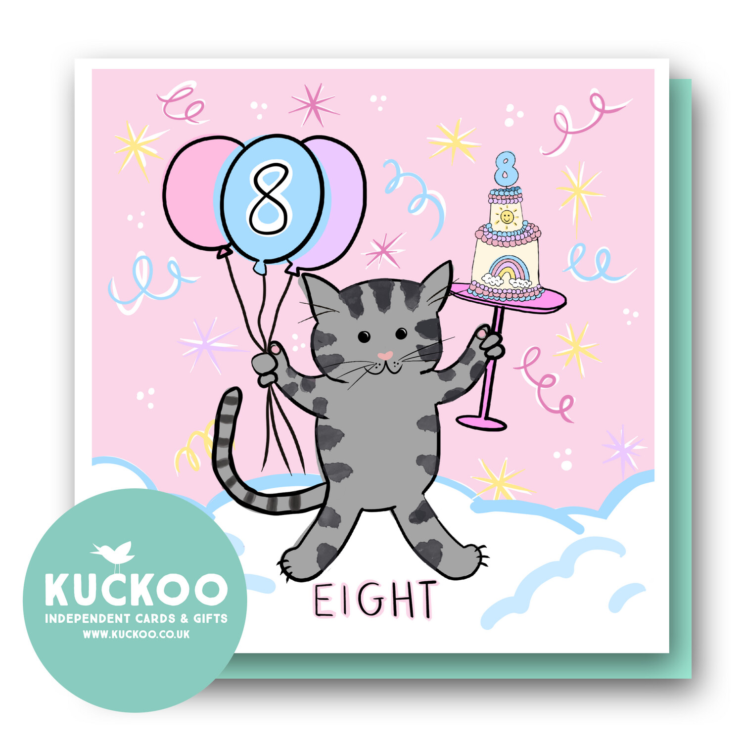 Cute kitten with balloons Age 8