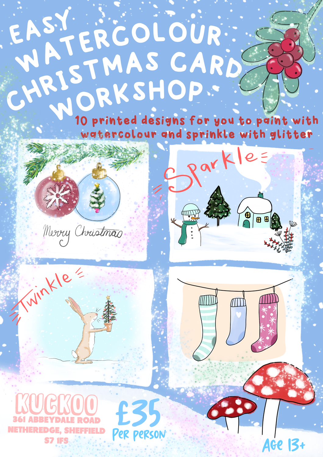 26th November 6:30-9pm Watercolour and glitter Christmas card workshop