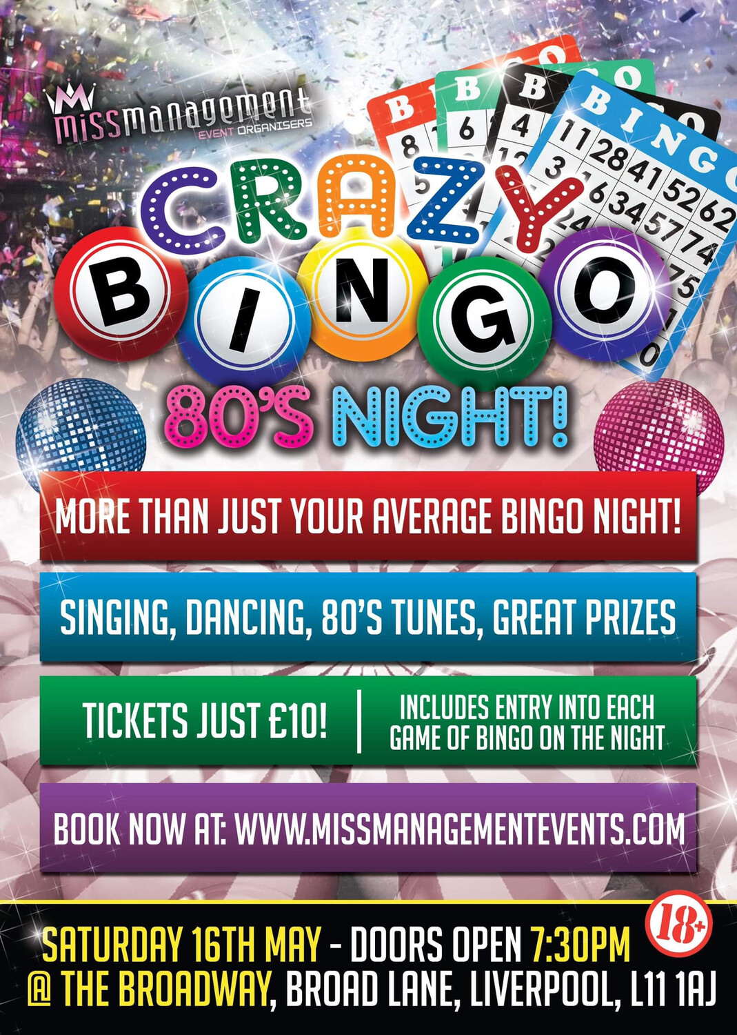 (CB001) 'Crazy Bingo' 80’s Theme: Single Ticket (Liverpool) Saturday 16th May 2020