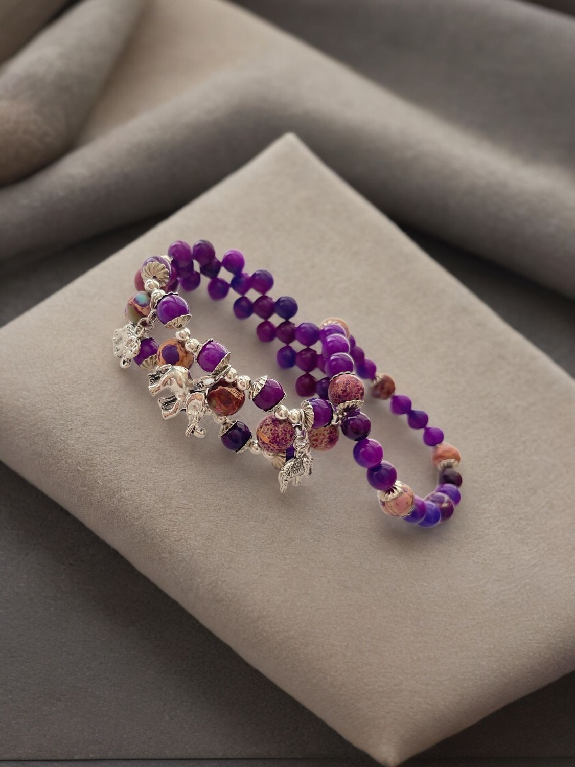 Handmade Triple Purple Gemstone 2pc Bracelet Set