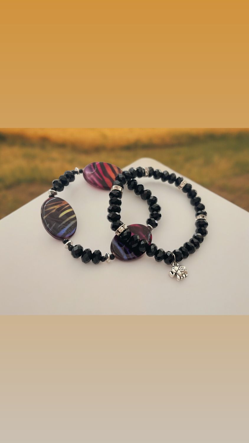 Handmade Black Elephant Charm Bracelet 2pc Set