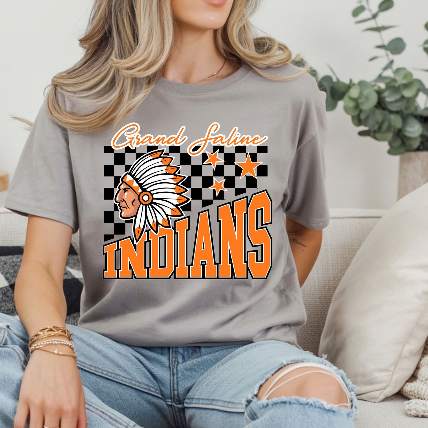 Grand Saline Indians Mascot Grey Tee
