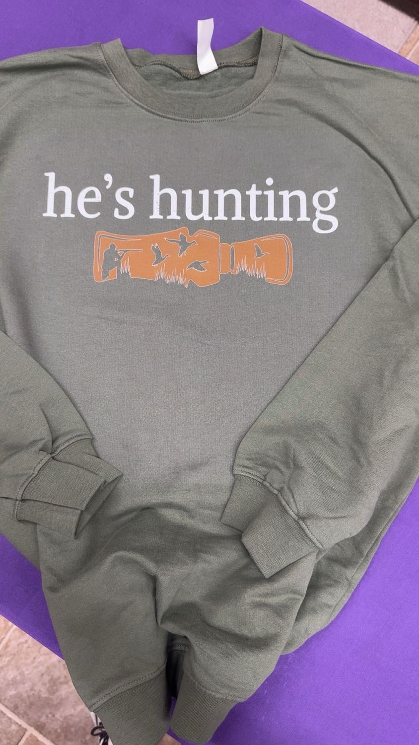 He's Hunting Military Green Gildan Crew Sweatshirt