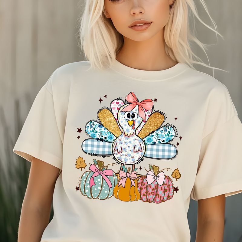 Fall Turkey and Pumpkin Ivory Comfort Color Tee