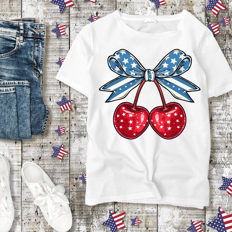 Red Cherries with Stars and a Blue bow