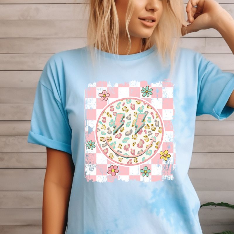 Pink Checkered Smiley with Flowers