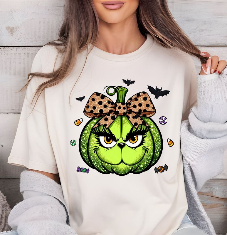 Grinch Halloween Pumpkin Leopard Bow