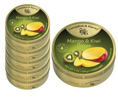 Voordeelverpakking Snoepgoed - 6 blikjes Mango/Kiwi Drops á 200 gram 1081746