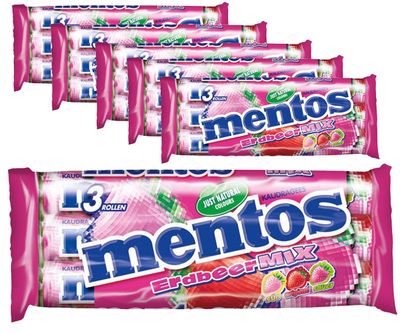 Voordeelverpakking Snoepgoed - 6 x 3 rollen Mentos Aardbei-Mix á 38 gram per rol 1081710