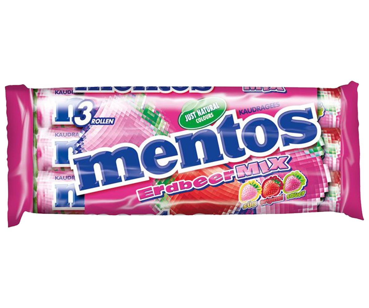 Voordeelverpakking Snoepgoed - 6 x 3 rollen Mentos Aardbei-Mix á 38 gram per rol