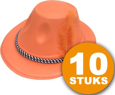 Oranje Feesthoed | 10 stuks Oranje Hoed met Veer | Feestartikelen Oranje Hoofddeksel | Feestkleding EK/WK Voetbal 1081456