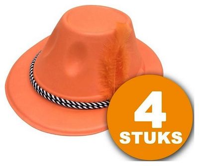 Oranje Feesthoed | 4 stuks Oranje Hoed met Veer | Feestartikelen Oranje Hoofddeksel | Feestkleding EK/WK Voetbal 1081452
