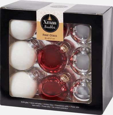 Kerstballen van glas Ø5,7 cm - Rood/Zilver/Wit - 18 stuks 1090199
