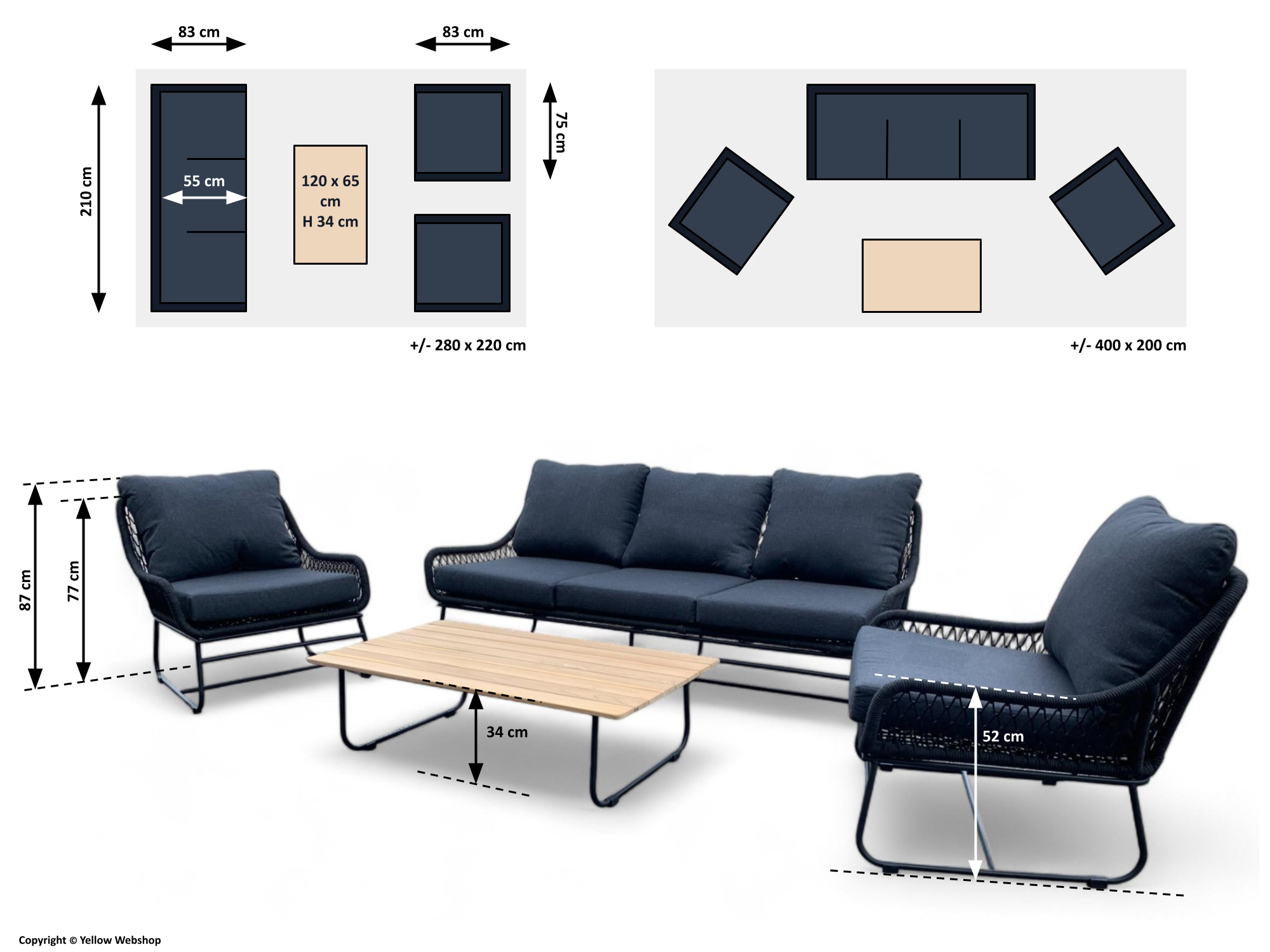 Tuinset / Loungeset Rio Zwart gevlochten Touw - Kussens Antraciet