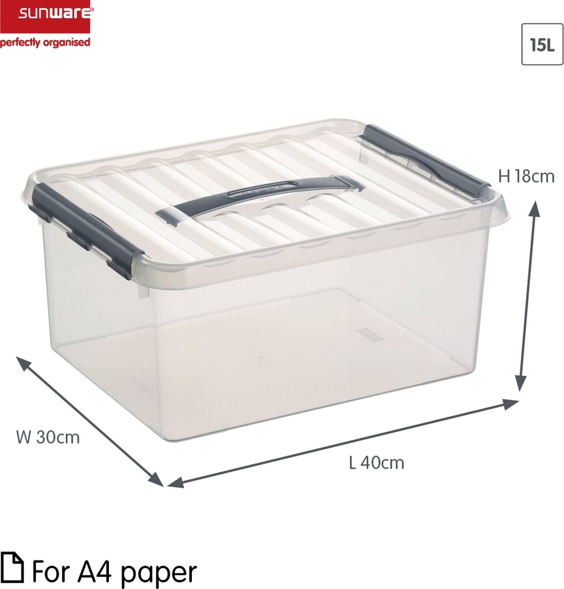 Sunware Q-line Opbergbox Transparant/Grijs 15 liter - Set van 4 stuks