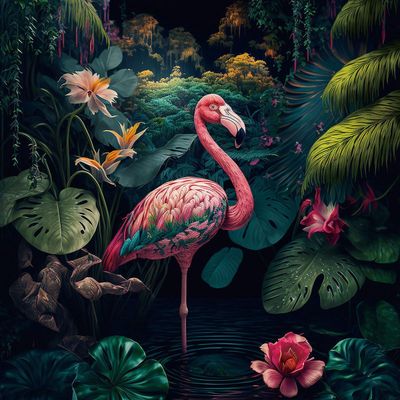 Glasschilderij Flamingo Jungle 80 x 80 cm 1092697