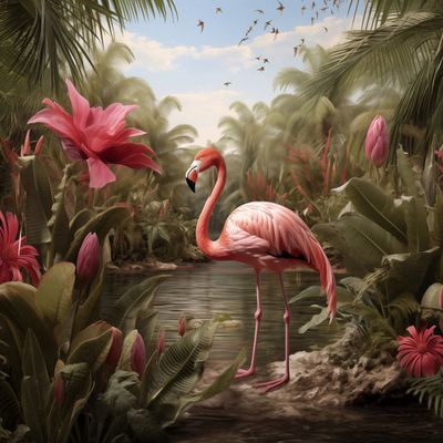 Glasschilderij Flamingo Jungle Bloemen 80 x 80 cm 1092694