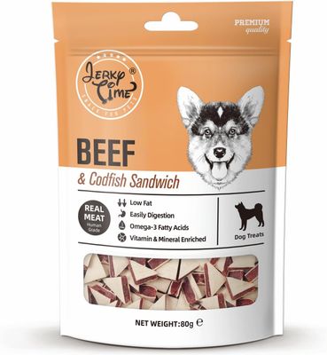 Jerky Time Hondensnack Beef and Codfish Sandwich - Zak á 80 gram 1092585