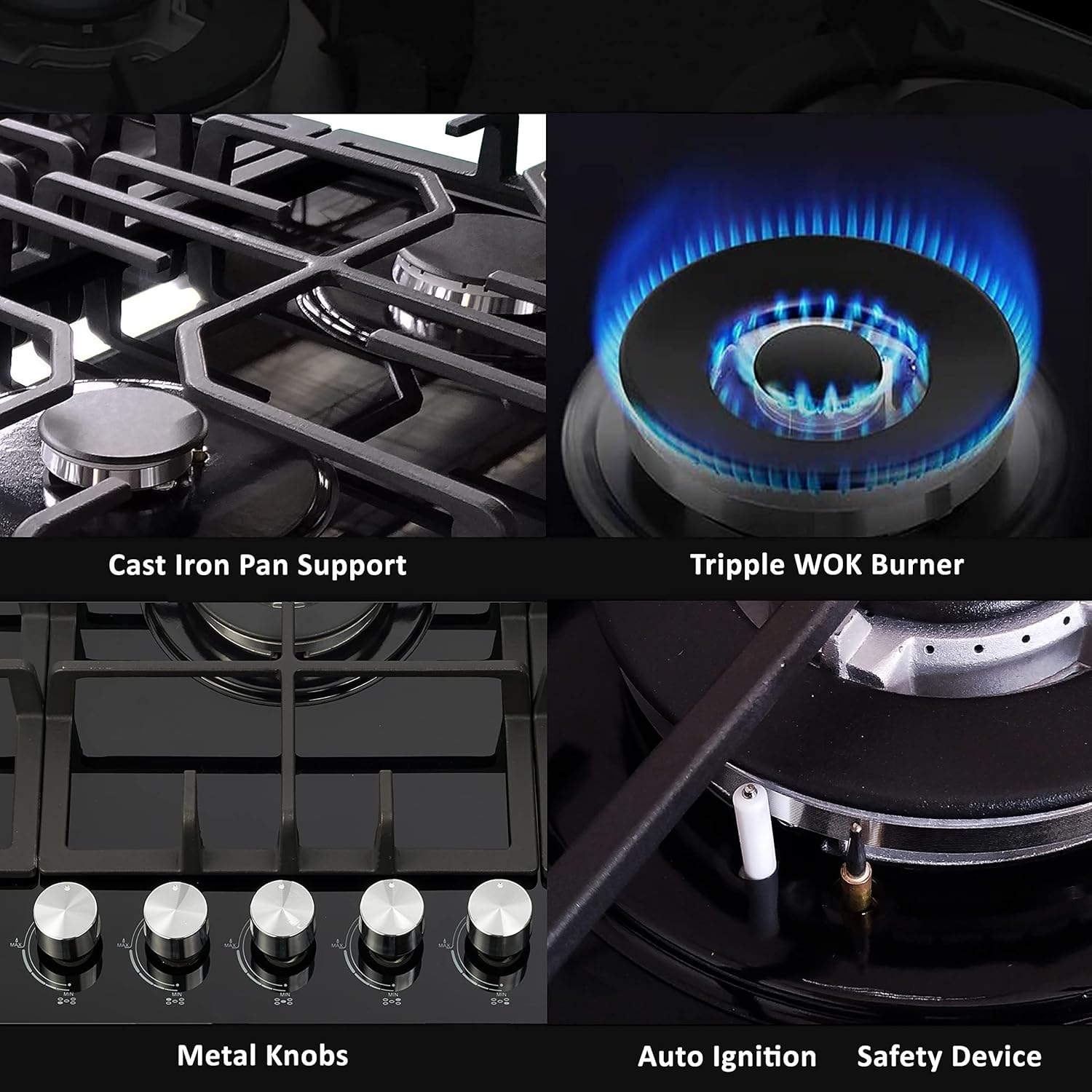 NJ-903G Inbouw Gaskookplaat 90x52cm 5 pits Zwart