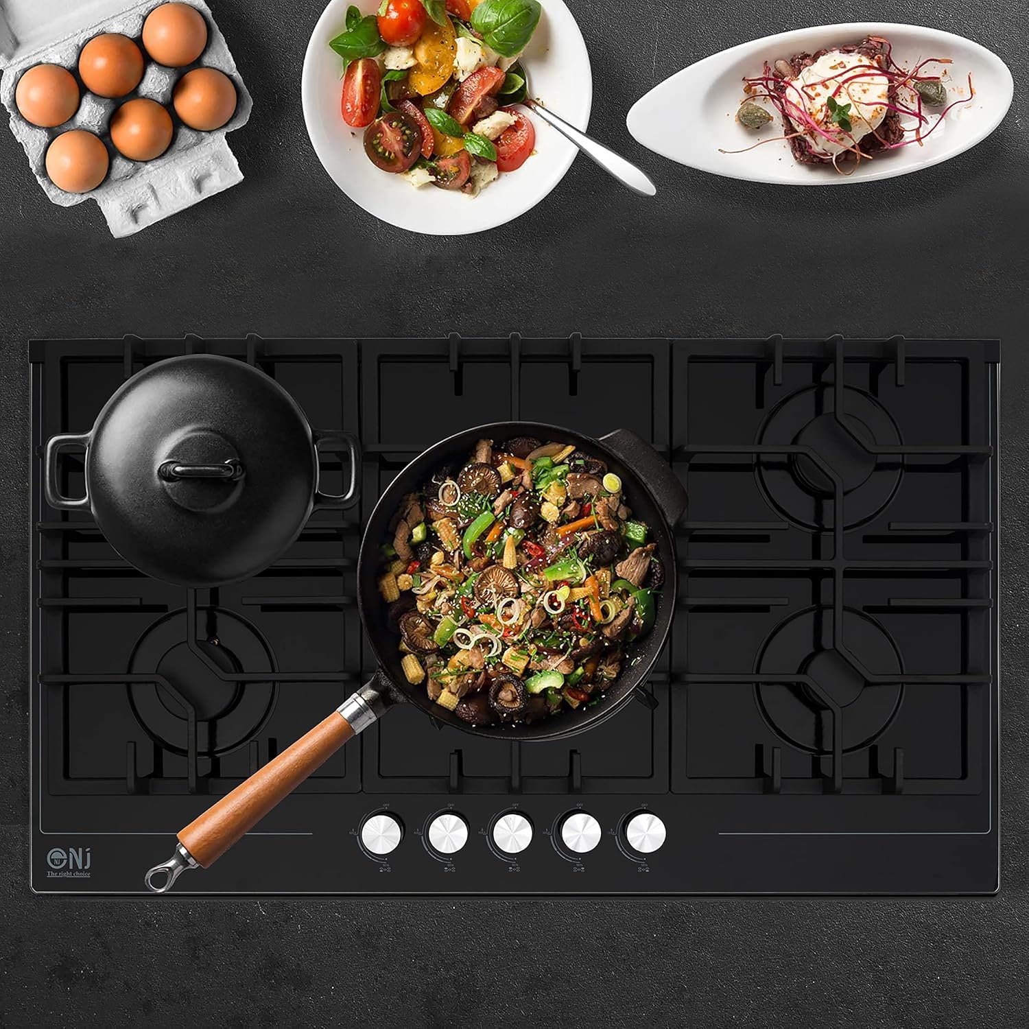 NJ-903G Inbouw Gaskookplaat 90x52cm 5 pits Zwart