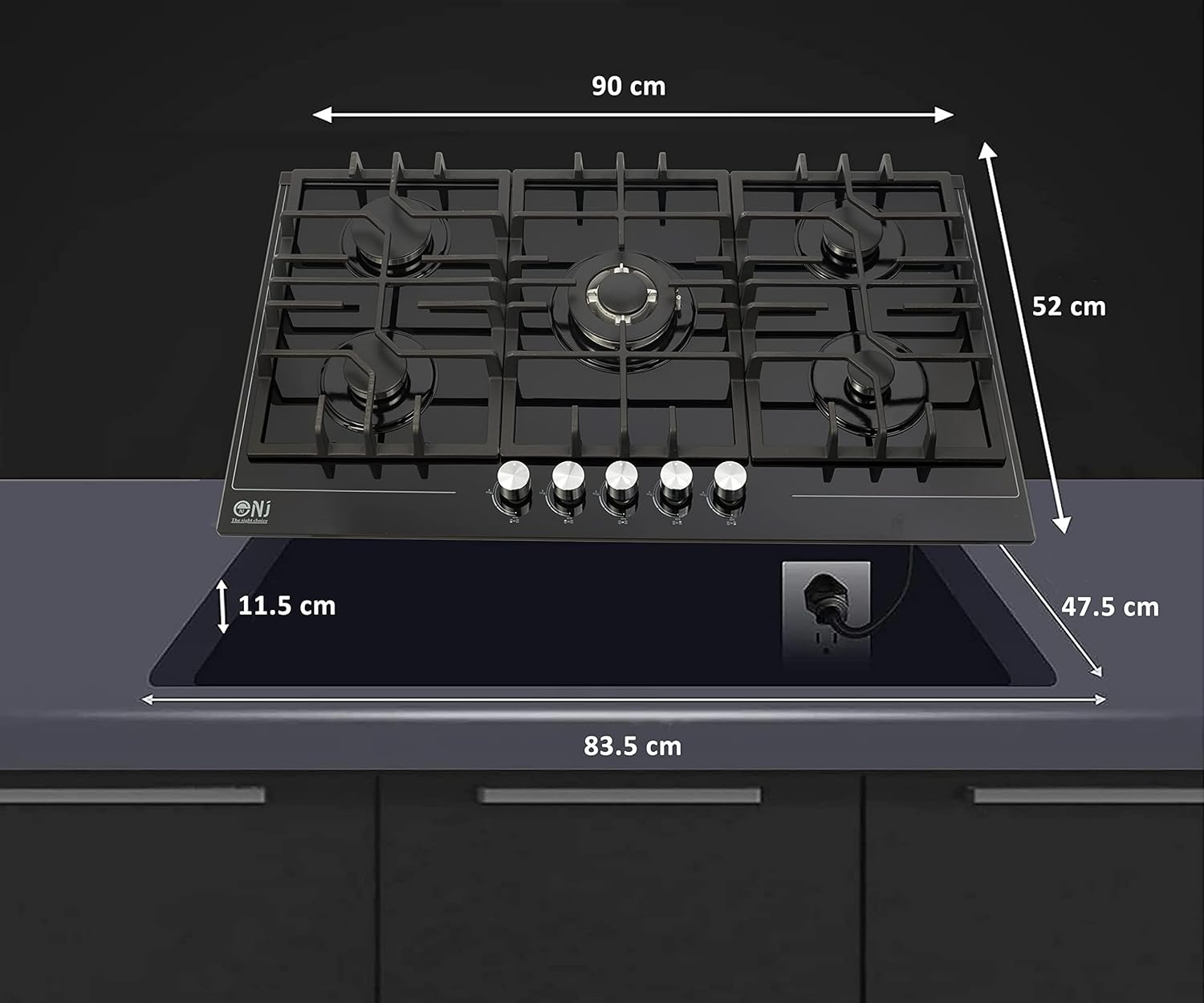 NJ-903G Inbouw Gaskookplaat 90x52cm 5 pits Zwart