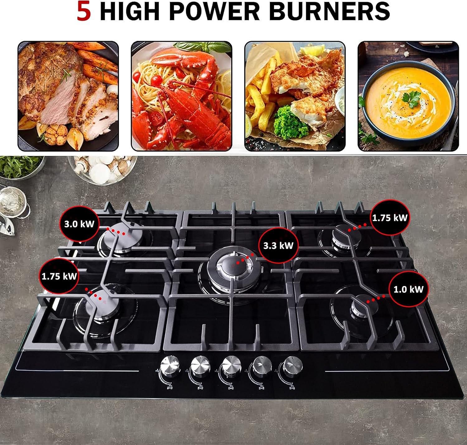 NJ-903G Inbouw Gaskookplaat 90x52cm 5 pits Zwart