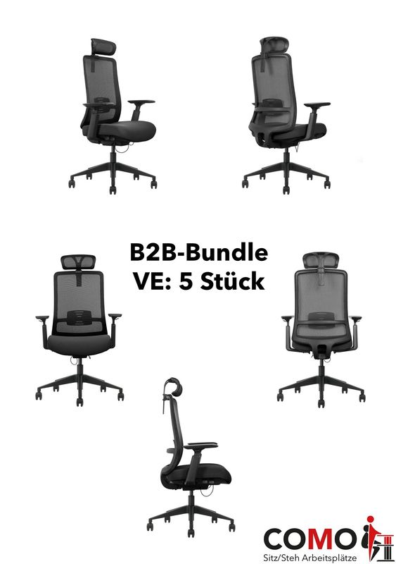 Ergonomischer Bürostuhl COMO-VANE-B mit NEN-EN 1335, Synchronmechanik, Schiebesitz, 3D-Armlehnen, Netzrücken - bis 130 kg - 3 Jahre Garantie – Bundle: VE- 5 Stück