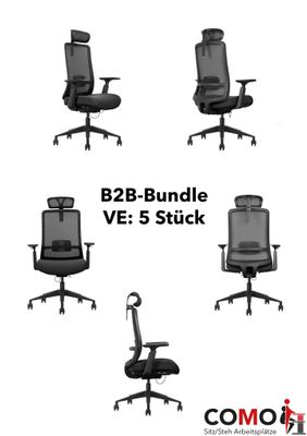 Ergonomischer Bürostuhl COMO-VANE-B mit NEN-EN 1335, Synchronmechanik, Schiebesitz, 3D-Armlehnen, Netzrücken - bis 130 kg - 3 Jahre Garantie – Bundle: VE- 5 Stück