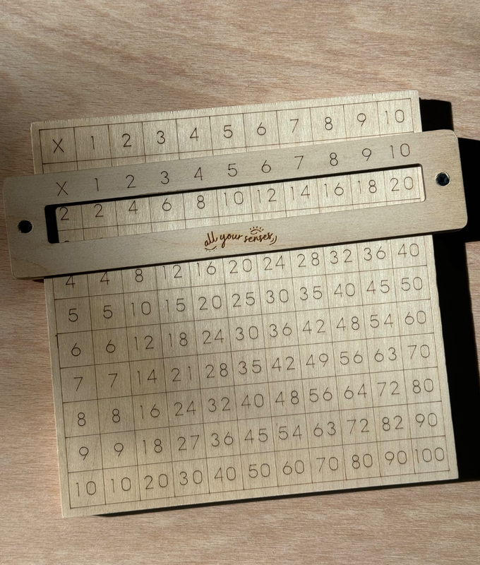 Ξύλινος πίνακας μαθηματικών Montessori για φυσική εξάσκηση στην προπαίδεια και τον πολλαπλασιασμό.