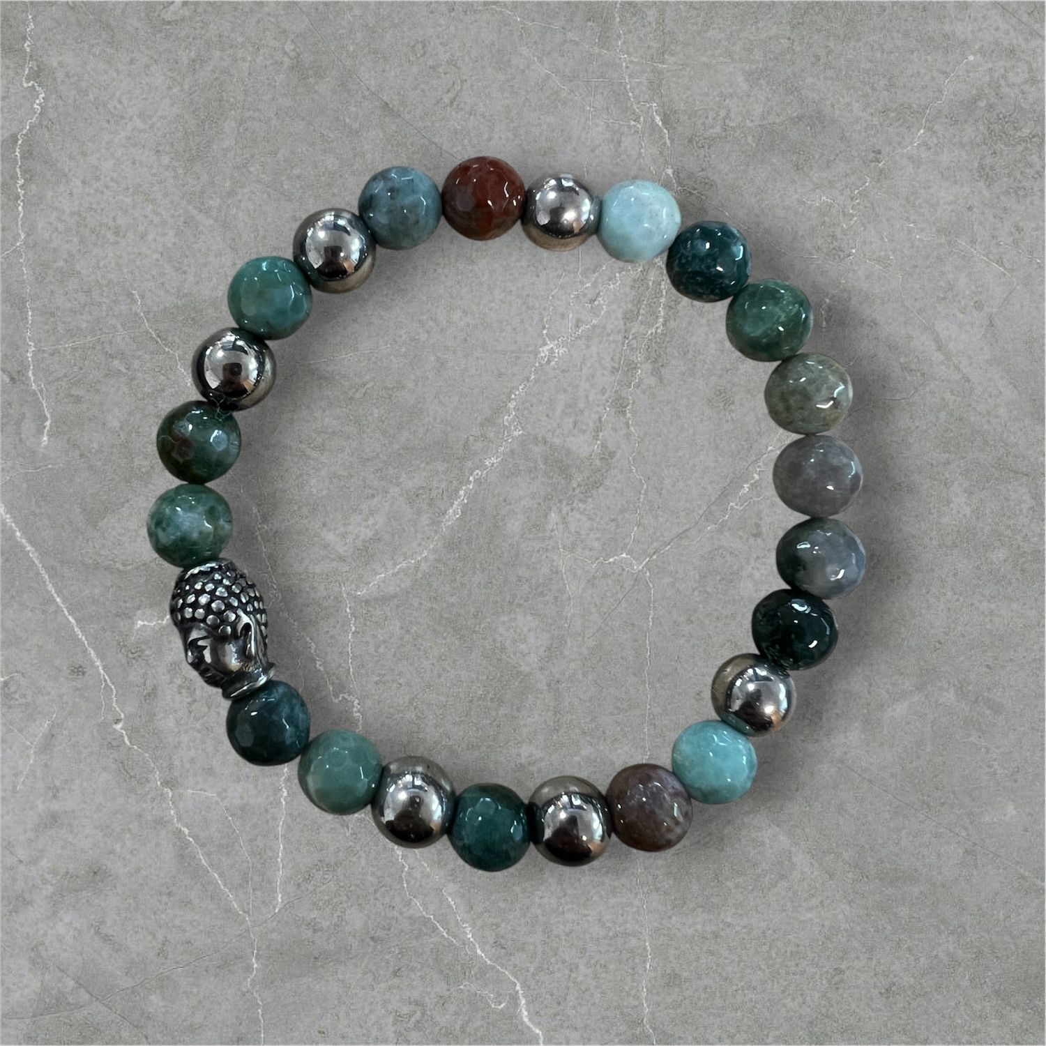 BRACELET &quot;LE BOUDDHA&quot; 17CM PIERRE AGATHE INDIENNE ET HÉMATITE