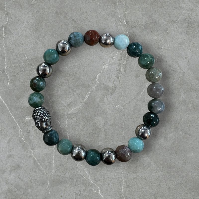 BRACELET &quot;LE BOUDDHA&quot; 17CM PIERRE AGATHE INDIENNE ET HÉMATITE