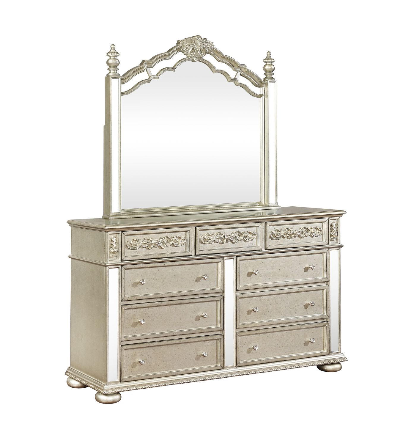 Heidi 9-Drawer Dresser and Mirror, Metallic Platinum