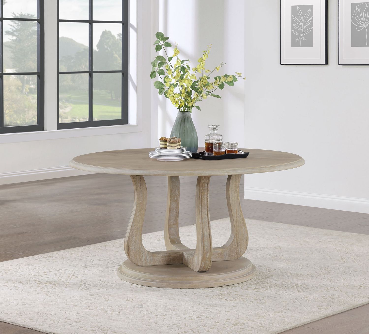Trofello Round 60-Inch Pedestal Dining Table White Washed