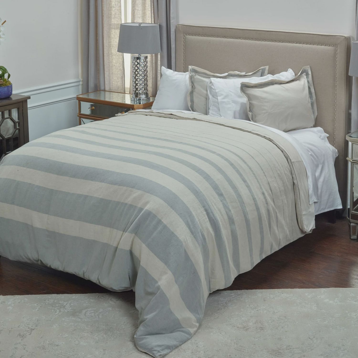 Rizzy Home Linen Duvet Cover, Grey Stripe, Size: Queen