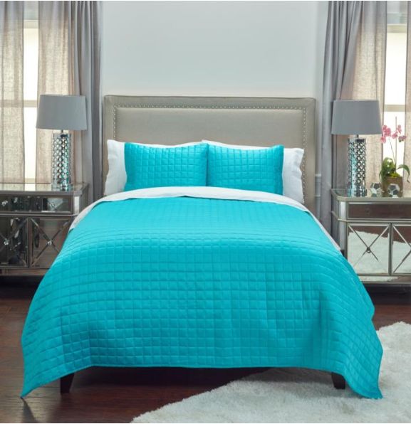 Rizzy Home Quilt, Solid Square Pattern Polyester, Size: Queen, Colour: Turquoise