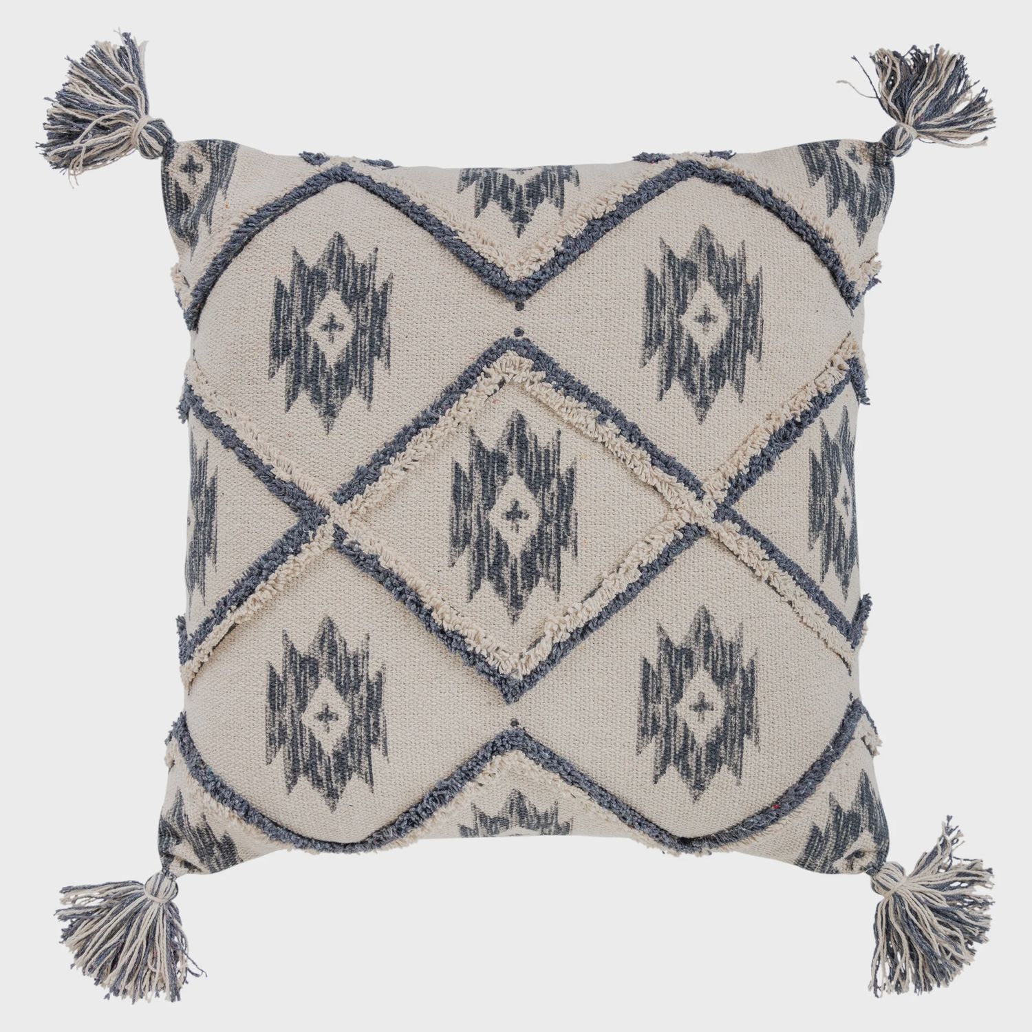 Rizzy Home Decorative Pillow, Natural Ivory and Navy Tassle