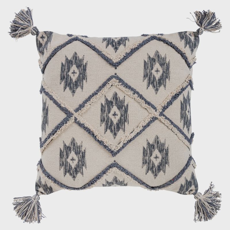 Rizzy Home Decorative Pillow, Natural Ivory and Navy Tassle