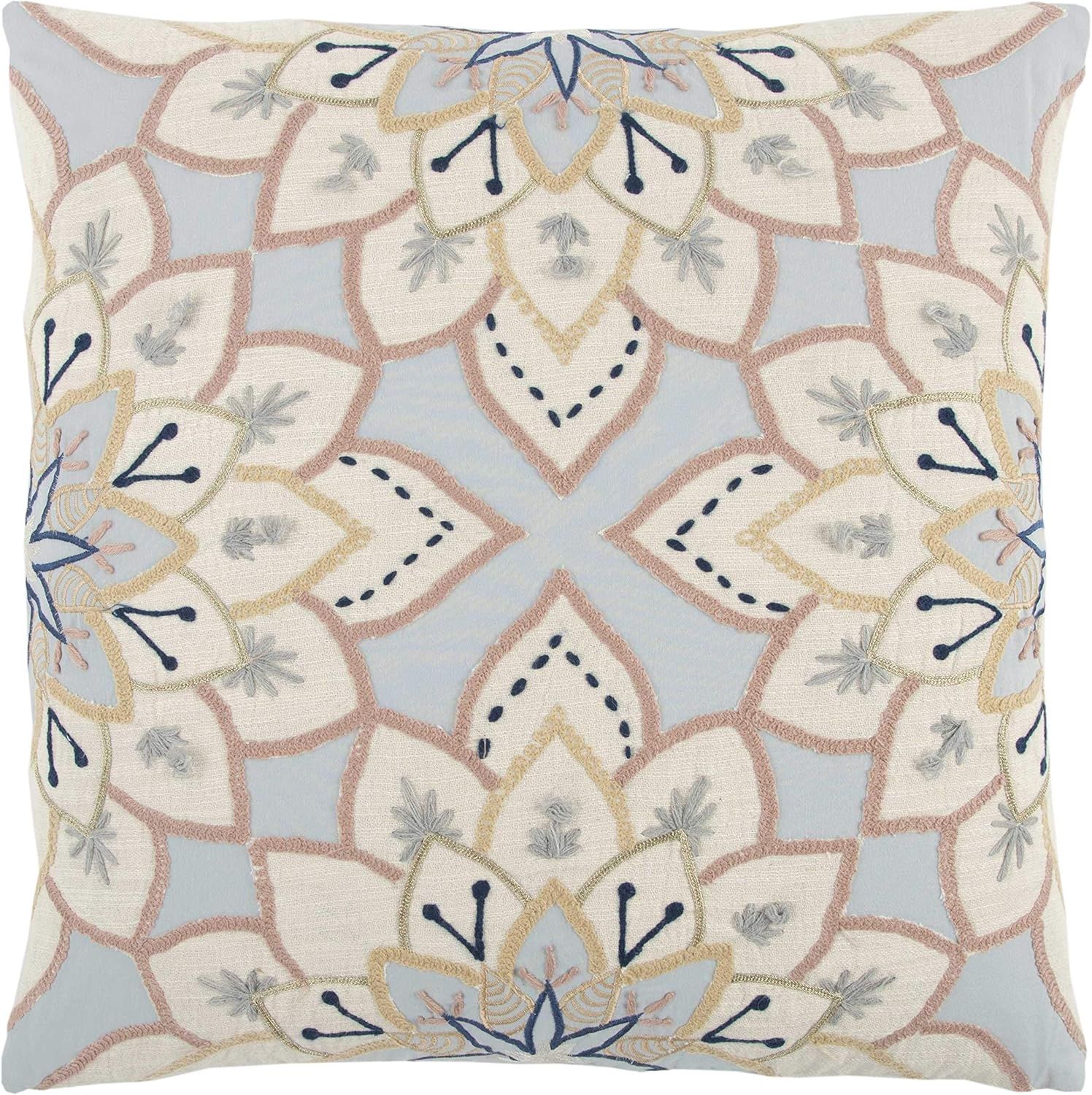 Rizzy Home Decorative Pillow, Blue, Yellow &amp; Pink Embroidered Floral Detail