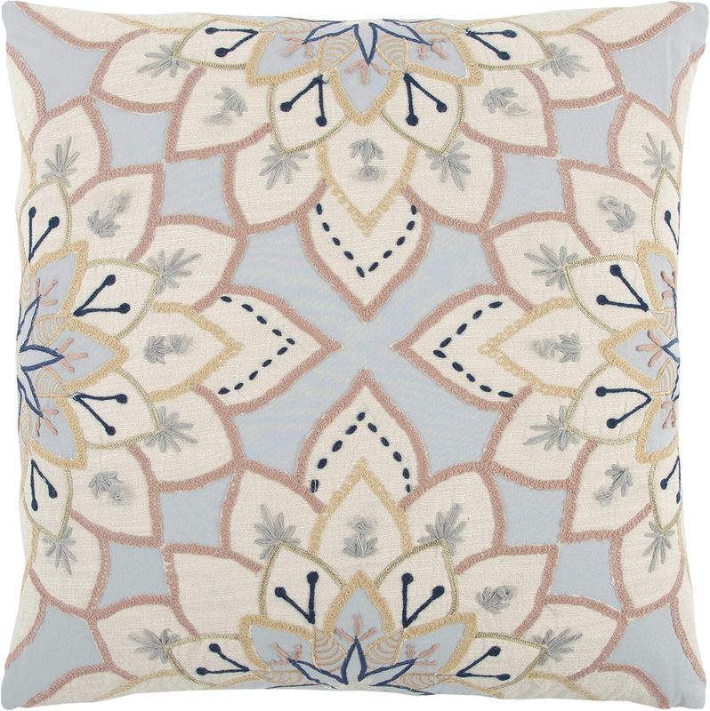 Rizzy Home Decorative Pillow, Blue, Yellow &amp; Pink Embroidered Floral Detail