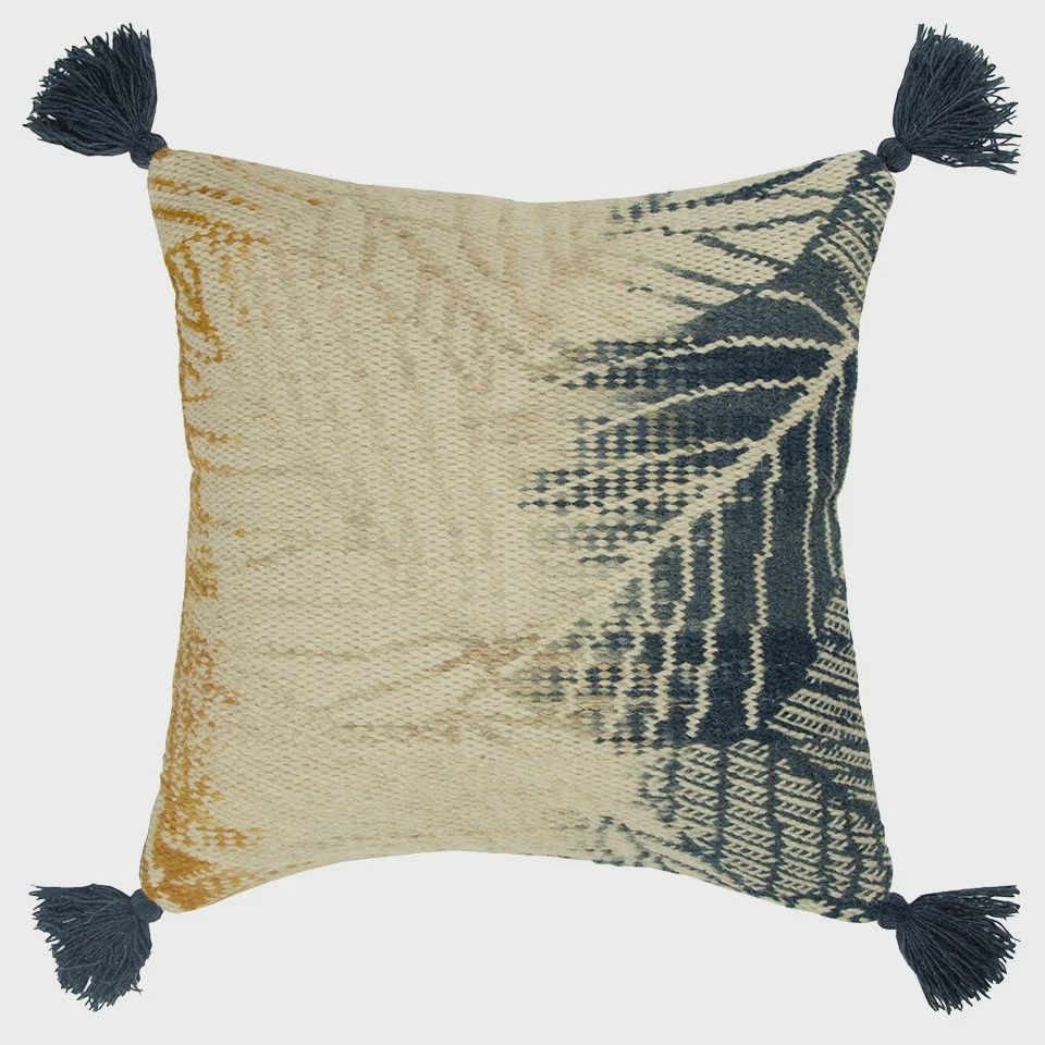 Rizzy Home Decorative Pillow, Dark Teal and Yellow Botanical Print