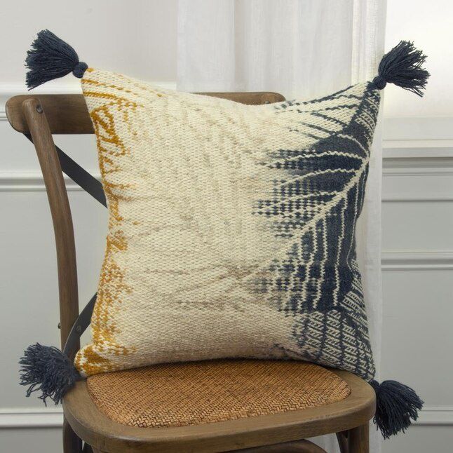 Rizzy Home Decorative Pillow, Dark Teal and Yellow Botanical Print