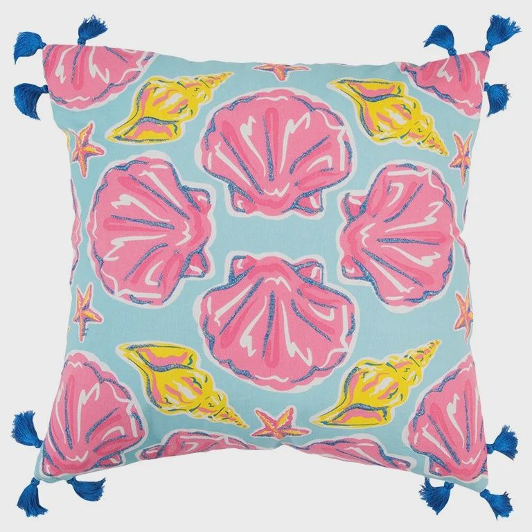 Rizzy Home Simply Southern Coastal Decorative Pillow, Pink Shell Print with Embroidery