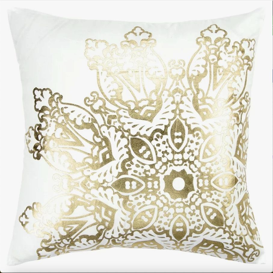 Rizzy Home Decorative Pillow, White with Gold Kaleidoscope Foil Detail