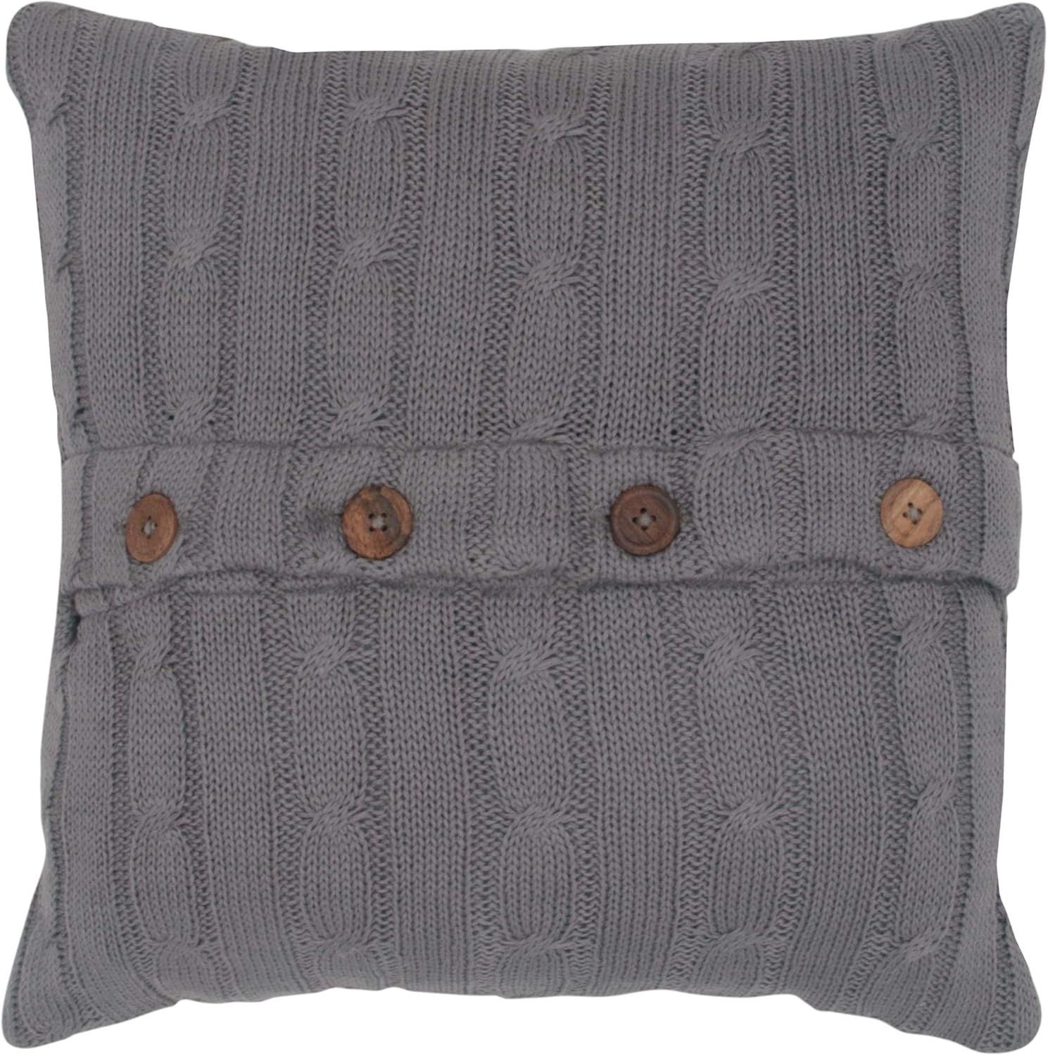 Rizzy Home Decorative Pillow, Grey Cable Knit with Wooden Button Detail