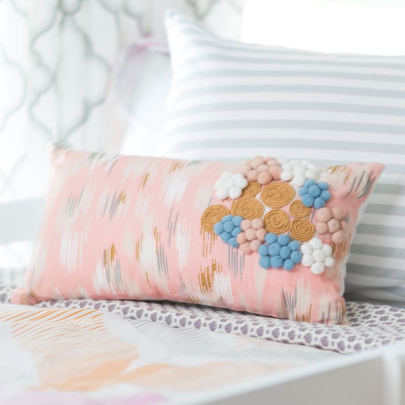Rizzy Home Decorative Pillow, Pink with Tan and Blue Accent Pom Pom Detail