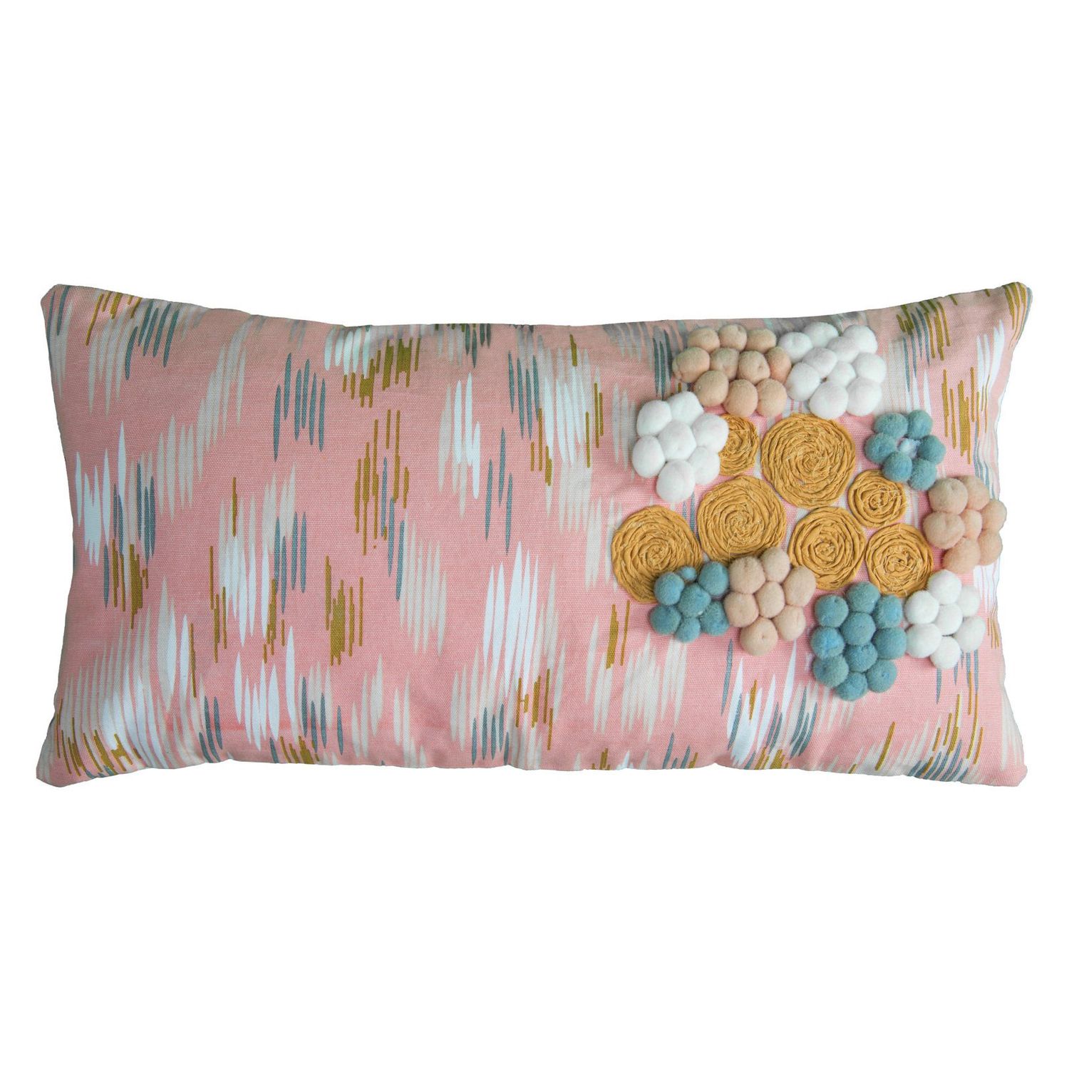 Rizzy Home Decorative Pillow, Pink with Tan and Blue Accent Pom Pom Detail