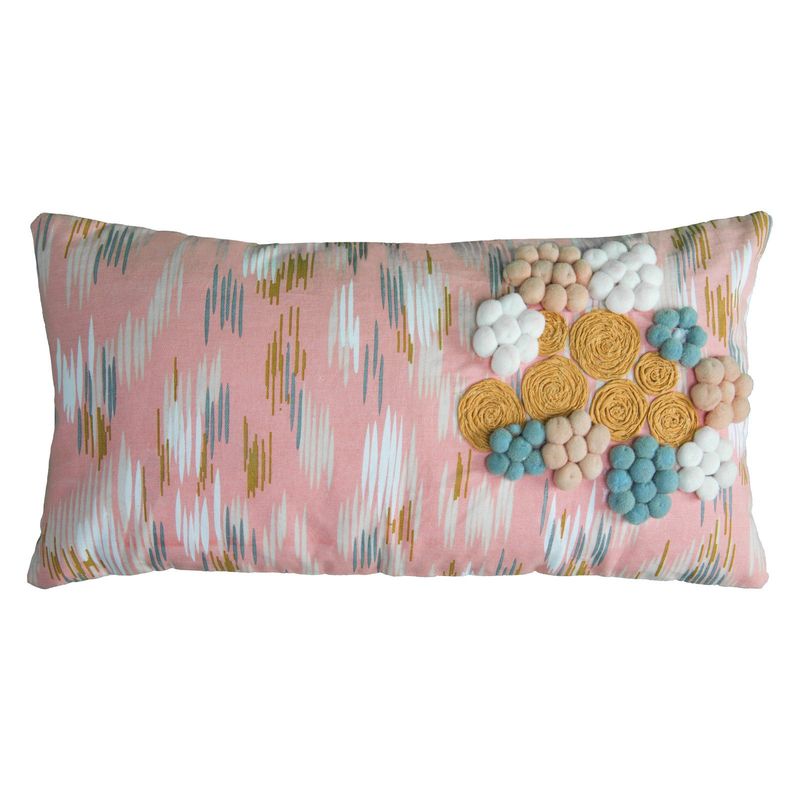Rizzy Home Decorative Pillow, Pink with Tan and Blue Accent Pom Pom Detail