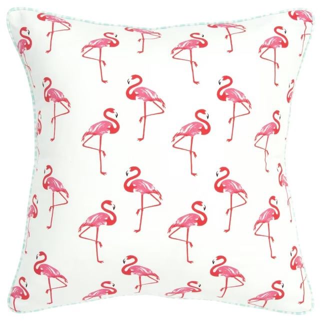 Rizzy Home Decorative Pillow, White and Blue Piping with Flamingo Print