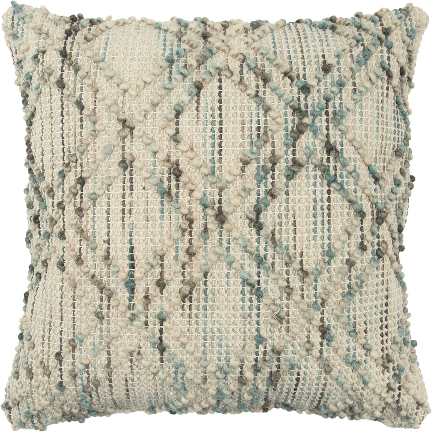 Rizzy Home Decorative Pillow, Ivory Wool with Grey and Blue Accents
