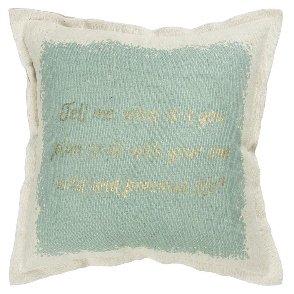 Rizzy Home Decorative Pillow, Natural Aqua Gold Foil Text